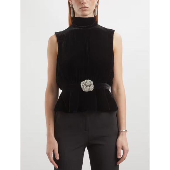 NWT Saloni Black Sleeveless High Neck Fleur Velvet Rose Applique Top Womens 6 - Picture 1 of 12